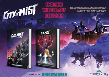 Crowdfunding für City of Mist als Ankündigung. MockUps der Bücher Nachts in Payne Town und Spieleiter:innenhandbuch