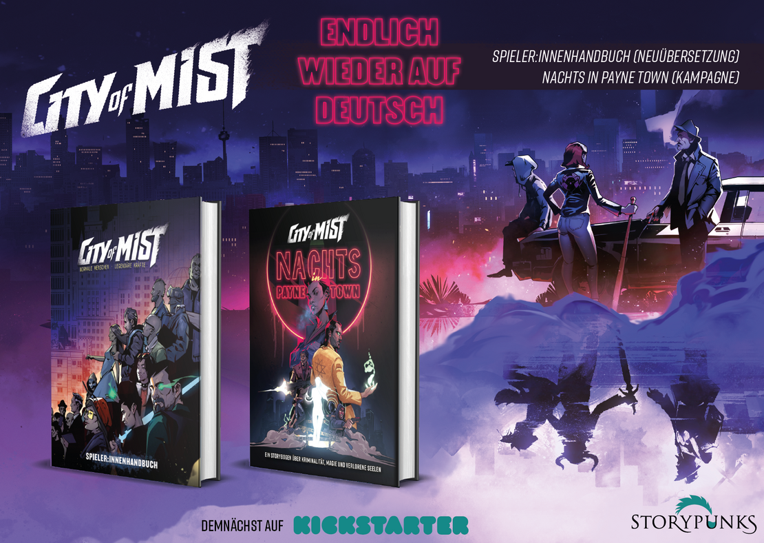 Crowdfunding für City of Mist als Ankündigung. MockUps der Bücher Nachts in Payne Town und Spieleiter:innenhandbuch