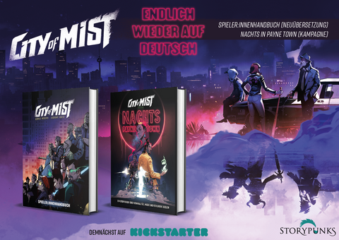 Crowdfunding für City of Mist als Ankündigung. MockUps der Bücher Nachts in Payne Town und Spieleiter:innenhandbuch